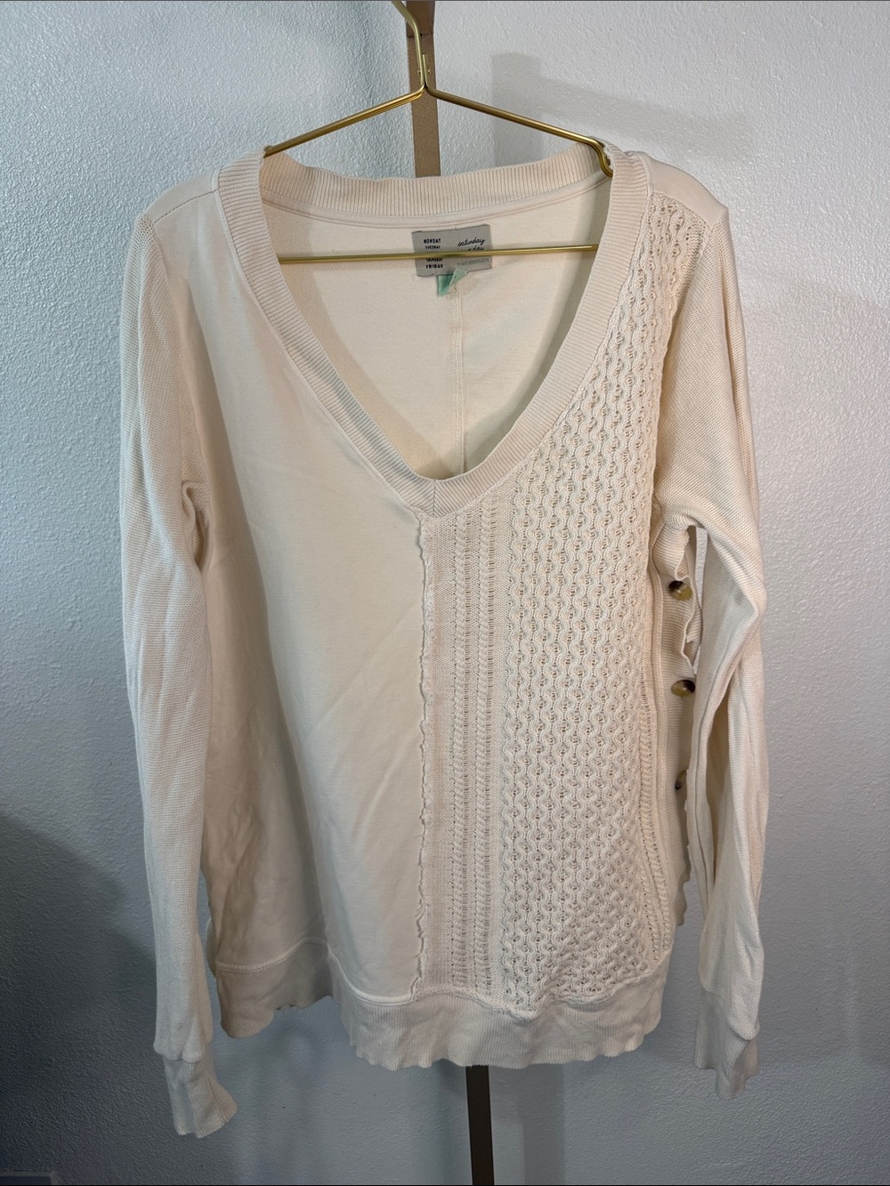 Cream V-Neck Knit Sweater with Side Button Detail